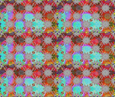 El çizimi Raster çizimi. Duvar kağıdı, web sitesi arka planı, ambalaj kağıdı, davetiye, broşür, afiş veya web sitesi için kusursuz çiçek deseni kullanılabilir. Parlak elementlerin.