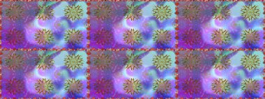 Mor ve mavi zarif küçük çiçekler ve menekşe ve mavi renklerdeki komik böcekler, raster desen, illüstrasyon.