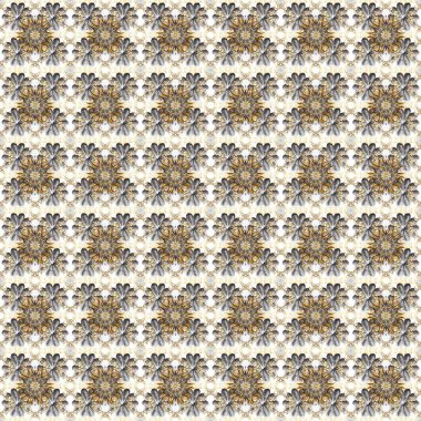 Kına dövmeli süs çiçekleri, altın çıkartmalar, mehndi ve yoga tasarımı, kartlar ve parmak izleri. Tarafsız, gri ve bej renklerde desen. Raster altın mehndi kusursuz desen.