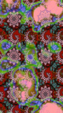 Pembe ve yeşil renkte etnik çiçeklerle süslenmiş zarif bir eskiz şekli. Asya Tekstil 'inde Raster Çiçek İllüstrasyonu.