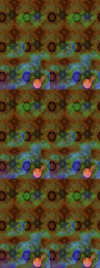 Varisolokahverengi ve yeşil raster çizimi. Bir sürü kahverengi ve yeşil soyut çiçekli tropik eskiz deseni. Küçük çiçekte sevimli çiçek deseni var..