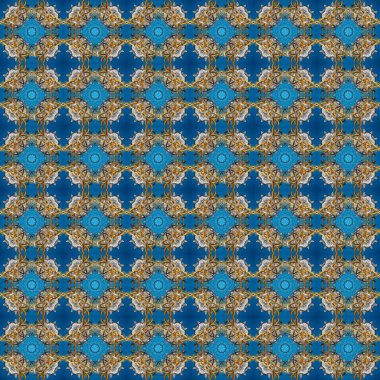 Kusursuz raster arka plan. Mavi, gri ve kahverengi renklerde grafiksel, kusursuz desen. Duvar kâğıdı barok, İspanyol kumaşı. Kusursuz çiçek deseni.