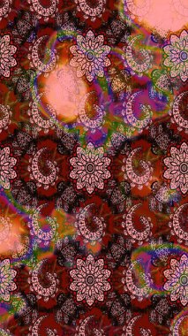 Kumaş, tekstil, duvar kağıdı baskısı için. Eskiz geçmişi. Raster illüstrasyonu. Renkli desenli eskiz deseni, kahverengi ve pembe çiçekler ve dekoratif elementler. Antika retro tarzı.