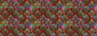 Kahverengi üzerine kahverengi. El çizimi çiçek unsurları olan soyut çizim raster deseni. Retro tekstil tasarım koleksiyonu. 1950-1960 motifleri. Çiçekli ipek eşarp..