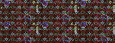 Desen, çizim, çiçek sınırı. Çiçek çelengi. Güzel, parlak, pürüzsüz kumaş, tuval. Kıvırcık, parlak örgü. Eski moda arka plan. Raster illüstrasyonu.