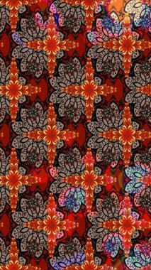 Kibar, bahar çiçekleri kırmızı ve kahverengi renklerde. Patlayan çiçekler soyut olarak yerleştirilmiş. Raster deseni. Raster illüstrasyonu.