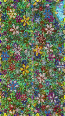 Raster illüstrasyonu. Raster deseni. Soyut çiçek desensiz arkaplan. Yeşil ve kahverengi renklerde. Küçük çiçekte sevimli çiçek deseni var..