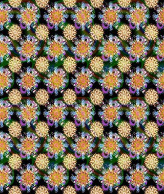 Yumuşak, bahar çiçekleri siyah renklerde. Raster deseni. Raster illüstrasyonu. Patlayan çiçekler soyut yerleştirilmiş.