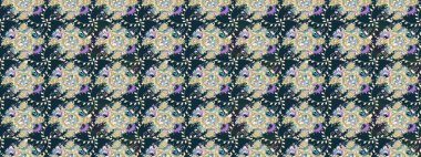 Raster deseni. Patlayan çiçekler soyut olarak yerleştirilmiş. Yumuşak, mavi renkte bahar çiçekleri. Raster illüstrasyonu.