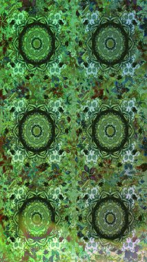 Yeşil renkte Royal retro. Raster illüstrasyonu. Kusursuz desenli altın elementler. Altın şablon. Kart, duvar kağıdı, ambalaj ve tekstil için klasik tasarım. Çiçeksel klasik doku.