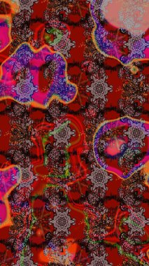 Raster illüstrasyonu. Kırmızı ve kahverengi renklerde. Çiçek duvar kağıdı. Renkli süs kenarı. Hint süsü. Çizim deseni.