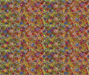 Yapraklı çiçekler ve kahverengi ve yeşil renklerde papatya çiçekleri. Kusursuz bir arka plan modeli. Raster - stok.