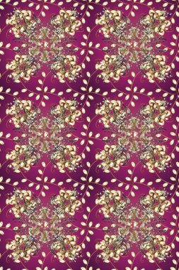 Mor, bej ve kahverengi renklerde altın elementlerle klasik, pürüzsüz desen. Noel 2019, kar tanesi, yeni yıl.