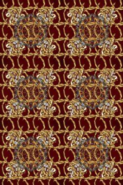 Gri, kırmızı ve kahverengi renklerde, altın elementlerle kusursuz klasik desen. Noel, kar tanesi, yeni yıl 2025.