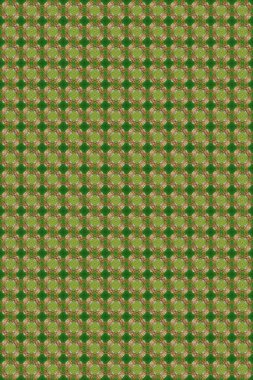 Yeşil ve kahverengi renklerde altın rengi ve altın elementler. Tekrarlayan elementlerle soyut arkaplan oluşturun. Raster illüstrasyonu. Kusursuz, klasik altın desen..