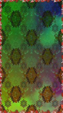 Çiçeksiz desenli, suluboya elle çizilmiş elementler. Parlak renkli fantezi çiçekleri, yapraklar, yeşil ve kahverengi renkli tomurcuklar yeşil ve kahverengi.