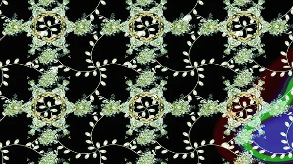 Siyah, nötr ve yeşil üzerine siyah, yeşil. Retro tekstil tasarım koleksiyonu. 1950-1960 motifleri. Çiçekli ipek eşarp. El çizimi çiçek elementleri ile soyut çizim raster deseni.