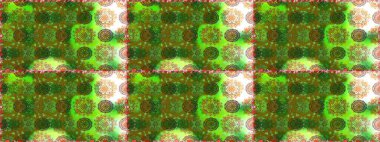 Parlak çiçekli kolaj çiçekleri yeşil ve kahverengi. Çiçek tasarımı için inanılmaz bir kolaj cenneti tarzı. Çiçekli zambaklar dikişsiz arkaplan.