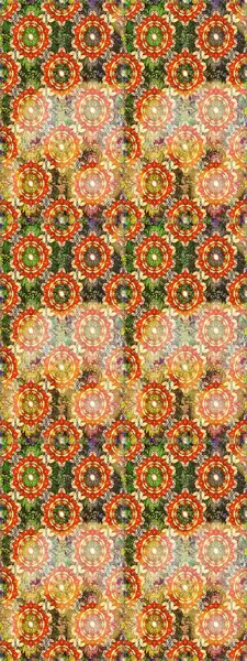 Raster altın tekstil baskısı. Turuncu renklerde altın desenli, altın elementli. Çiçek kiremitleri. İslam tasarımı. Kusursuz desenli oryantal süs.