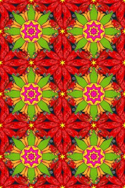 Tropik, dikişsiz çiçek deseni. Yeşil, sarı ve kırmızı renkte çiçekler. Raster illüstrasyonu.