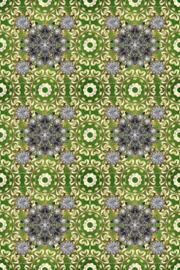 Klasik klasik klasik arka plan. Kusursuz klasik raster altın desenli. Yeşil, gri ve bej renklerde altın elementlerle kusursuz desen. Geleneksel oryantasyon süsü.