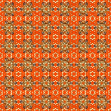 Altın şablon. Kart, duvar kağıdı, ambalaj ve tekstil için klasik tasarım. Turuncu ve kahverengi renkli Royal retro. Raster illüstrasyonu. Kusursuz desenli altın elementler. Çiçeksel klasik doku.