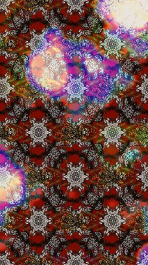 Çiçek desenli çizim. Raster illüstrasyonu. Kahverengi ve gri renkli çiçekler. Asya tekstil tarzında. Raster illüstrasyonu.