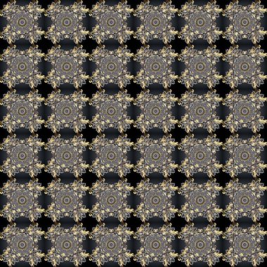 Kusursuz klasik raster altın desenli. Gri, siyah ve bej renklerde altın elementlerle kusursuz desen. Geleneksel oryantasyon süsü. Raster illüstrasyonu. Klasik vintage arkaplan.