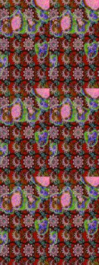 Kabile sanatı boho baskısı, klasik çiçek arkaplanı. Arkaplan dokusu, duvar kağıdı, kahverengi ve pembe renkli çiçek teması. Soyut etnik raster çizim kalıbı.