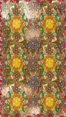 Raster deseni. Raster illüstrasyonu. Kahverengi renklerde bahar çiçekleri. Patlayan çiçekler soyut yerleştirilmiş.