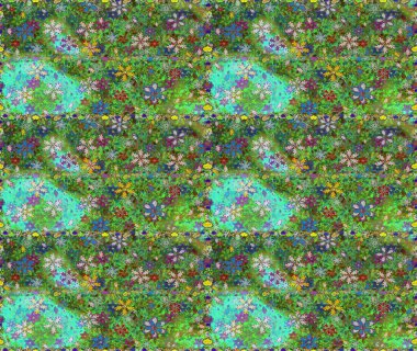 Yeşil ve mavi renkte çiçekler. Raster illüstrasyonunda kusursuz çiçek deseni.