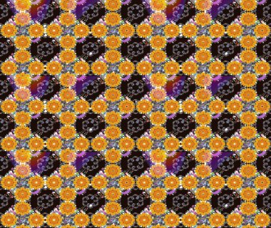 Bahar çiçekleri dallı desen, sarı renkler ve çiçek silueti. Raster deseni.