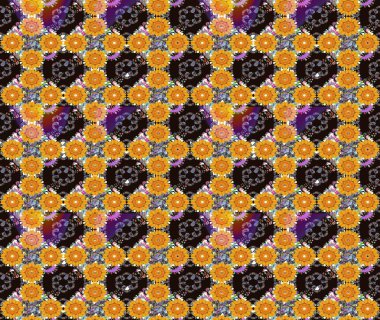 Bahar çiçekleri dallı desen, sarı renkler ve çiçek silueti. Raster deseni.