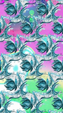 Mavi, nötr ve gri renklerde güzel bir tekstil. Raster illüstrasyonu. Çiçekli çiçek desenli suluboya çiçekleri.