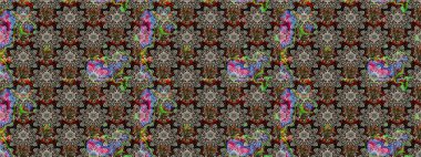 Raster illüstrasyonu. Çiçek ve yapraklı karalama şeklinde Raster çiçek deseni. Gri renkte bahar çiçekleri..