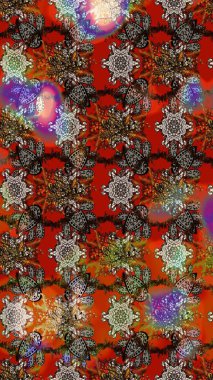 Asya tekstil tarzında. Raster illüstrasyonu. Çiçek desenli çizim. Kahverengi ve kırmızı renkte çiçekler. Raster illüstrasyonu.