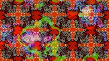 Asya tekstil tarzında. Çiçek desenli çizim. Raster illüstrasyonu. Raster illüstrasyonu. Kırmızı renkte çiçekler.