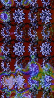 Kumaş desenli papatya çiçeği detayı. Mavi ve kahverengi renkte çiçekler.