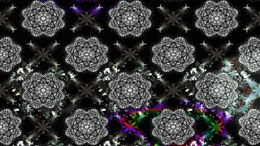 Çocuksu tasarım. Elle çizilmiş çiçek desenli Raster çizimi. Tekstil, kumaş, ambalaj, hatıra defteri için hoş bir çiçek arkaplanı. Siyah arkaplanda.