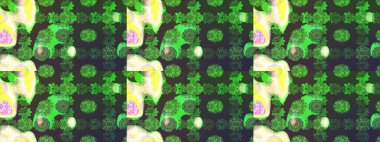 Raster düz çiçek çizim deseni. Hediye ambalaj kağıdı, tebrik kartları, posterler ve pankart tasarımı. Yeşil renkte çiçekler.