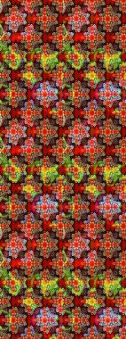 Raster - stok. Eskiz arkaplan modeli. Yapraklı çiçekler ve kırmızı ve siyah renkli papatya çiçekleri..