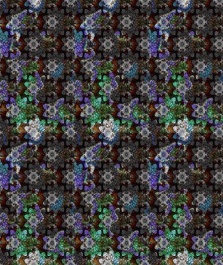 Suluboya elle çizilmiş çiçek desenli eskiz deseni. Parlak renkli fantezi çiçekleri, yapraklar, siyah renkli tomurcuklar.