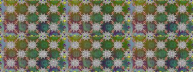 Kumaş, tekstil, duvar kağıdı baskısı için. Kusursuz bir geçmişi var. Raster illüstrasyonu. Eski usul. Renkli desenli kusursuz desen, yeşil ve gri çiçekler ve dekoratif elementler..