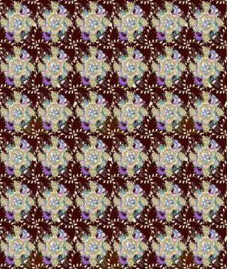 Çiçek desenli çizim. Raster illüstrasyonu. Asya tekstil tarzında. Raster illüstrasyonu. Kahverengi renkte çiçekler.