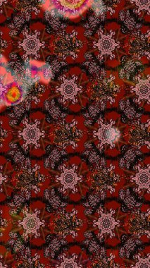 Raster çiçek izi. Çiçeksel kahverengi ve kırmızı çizim deseni. Raster Yumuşak kumaş deseni. Klasik taslak çizimi.