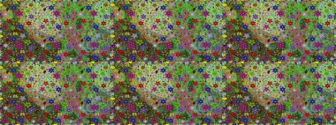 Raster düz çiçekleri pürüzsüz desen. Hediye ambalaj kağıdı, tebrik kartları, posterler ve pankart tasarımı. Yeşil ve kahverengi renkte çiçekler.