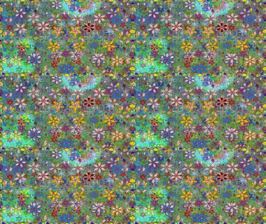 Raster illüstrasyonu. Yeşil ve mavi renklere karalamalar çizen kusursuz çiçek deseni.