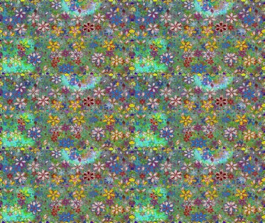 Raster illüstrasyonu. Yeşil ve mavi renklere karalamalar çizen kusursuz çiçek deseni.