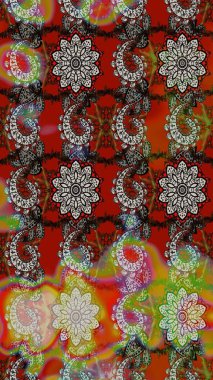 El çizimi çiçek çizimi deseni (fayans). Tekstil için suluboya eskiz deseni. Şirin çiçekleri, desenleri, kahverengi ve kırmızı renkleri olan renkli çizim deseni.