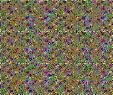 Raster Floral Illustration in cute textile. Elegance seamless pattern with ethnic flowers on green and brown colors.